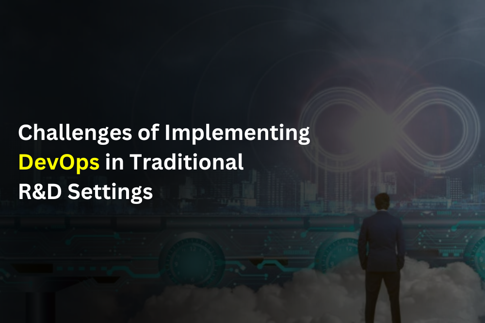 Illustration depicting challenges of DevOps implementation in traditional R&D environments, showing a balance between innovation and operational stability