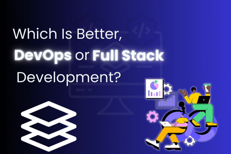 Illustration showing a DevOps engineer collaborating with developers and a full stack developer coding both frontend and backend applications.